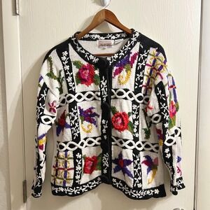 The Import Workshop Vintage Floral Embroidered Knit Cardigan Cottagecore Chunky